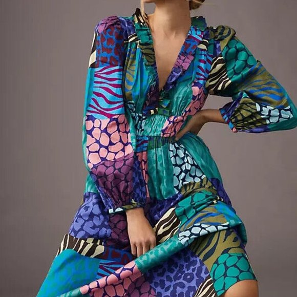 Anthropologie Geisha Designs M NWT Patchwork Maxi Dress Animal Print Long Sleeve - Picture 6 of 8